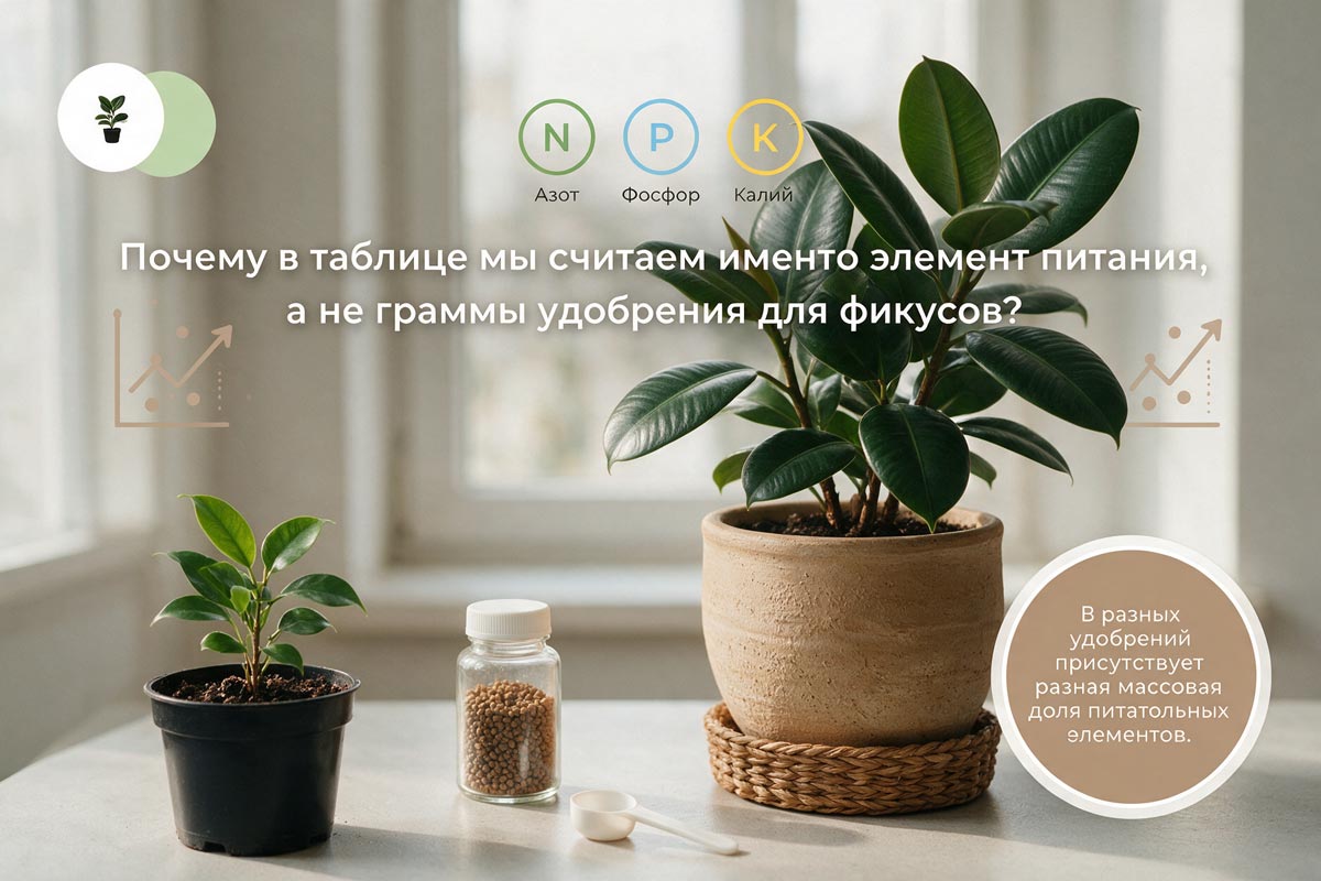 Почему в таблице мы считаем именно элемент питания, а не граммы удобрения для фикусов?
